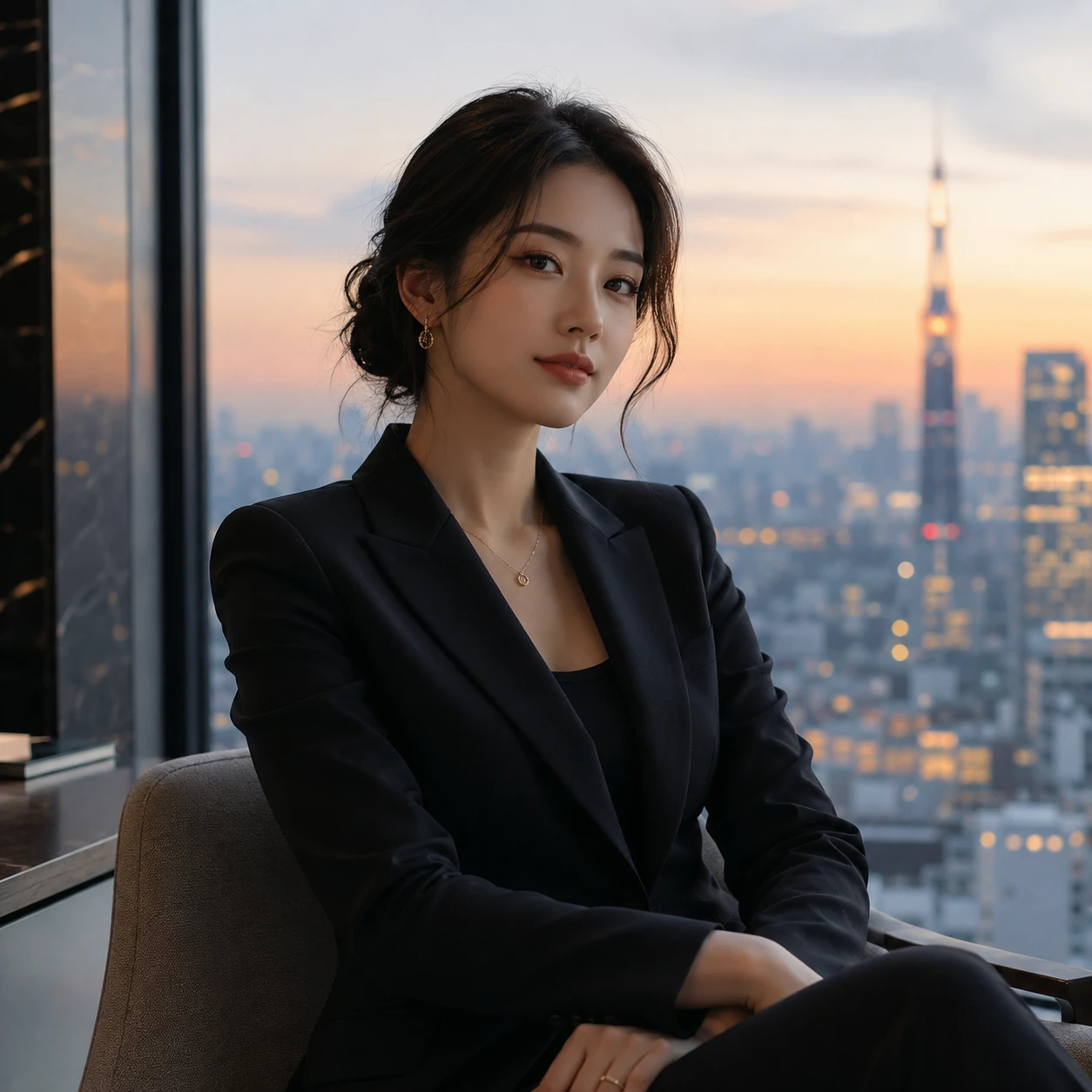 都会の窓辺に座る黒いスーツの上品な若い女性