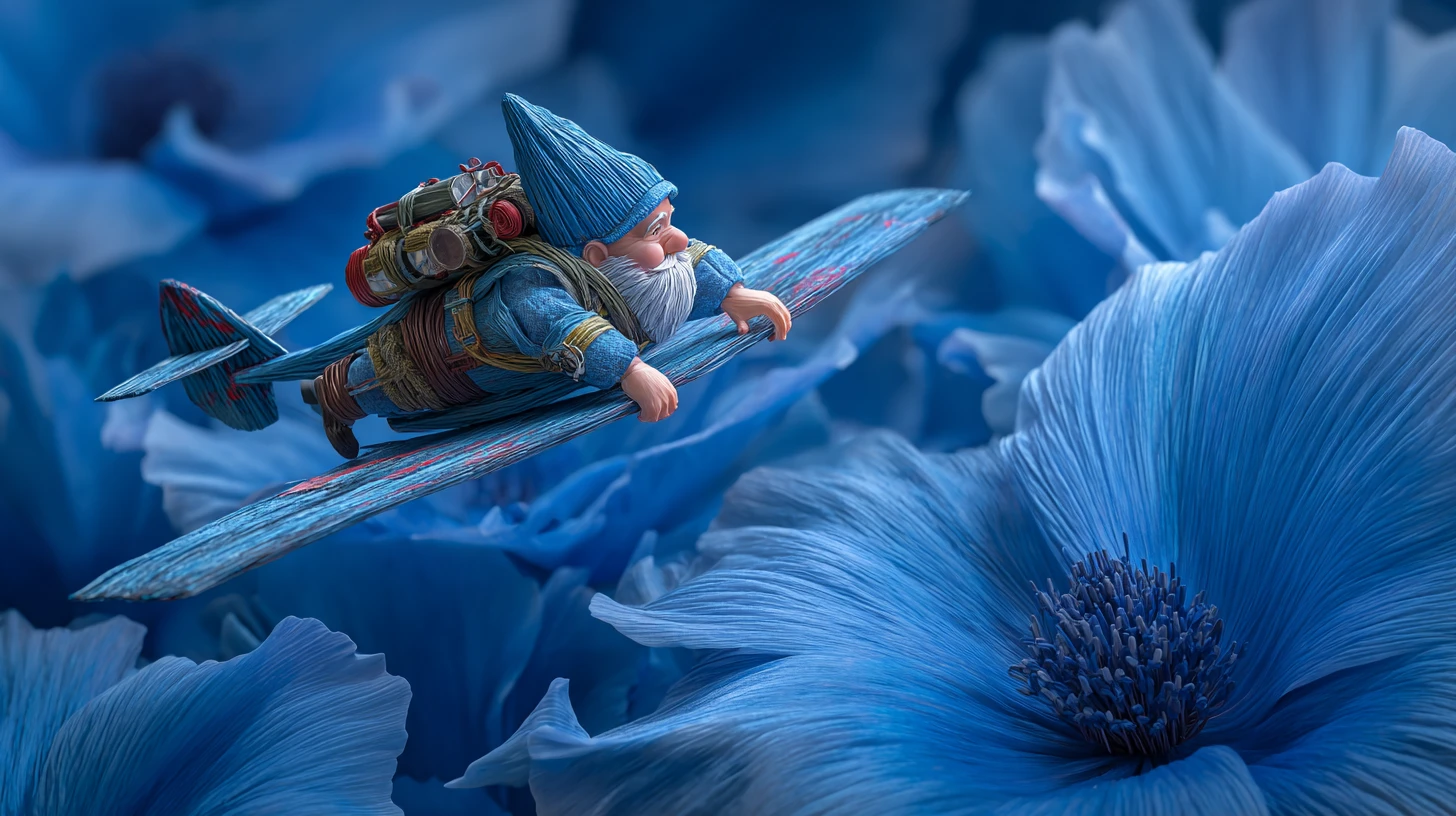 Whimsical gnome flying a handmade plane over giant blue flowers