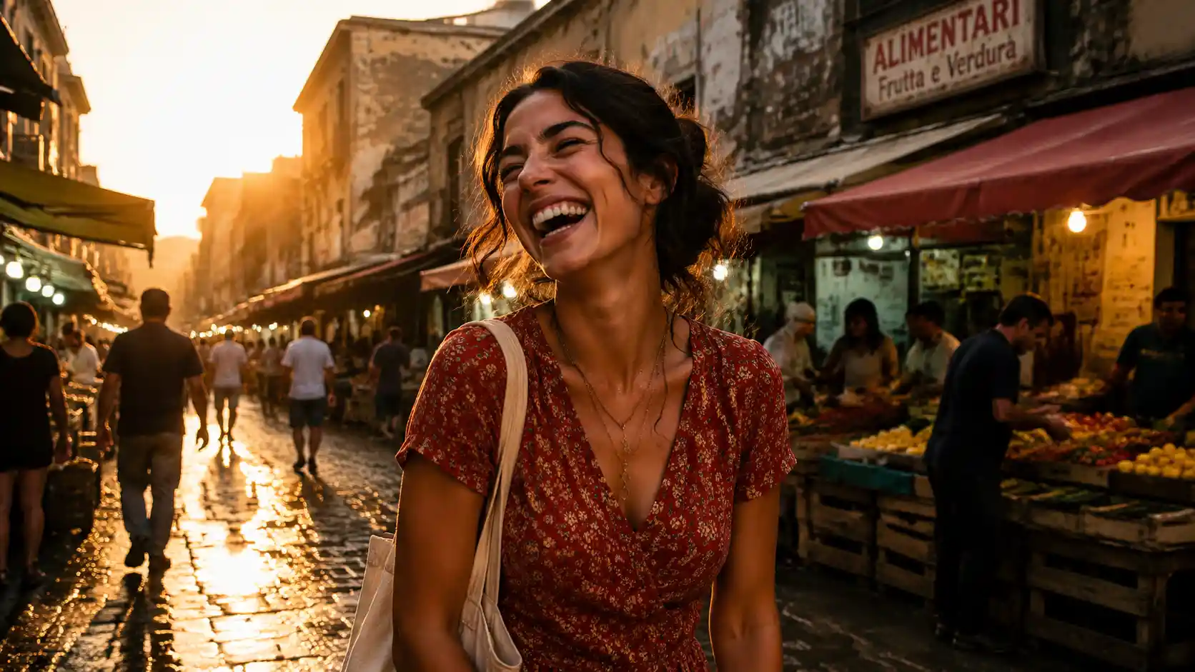 Laughing woman in golden hour light at city market
