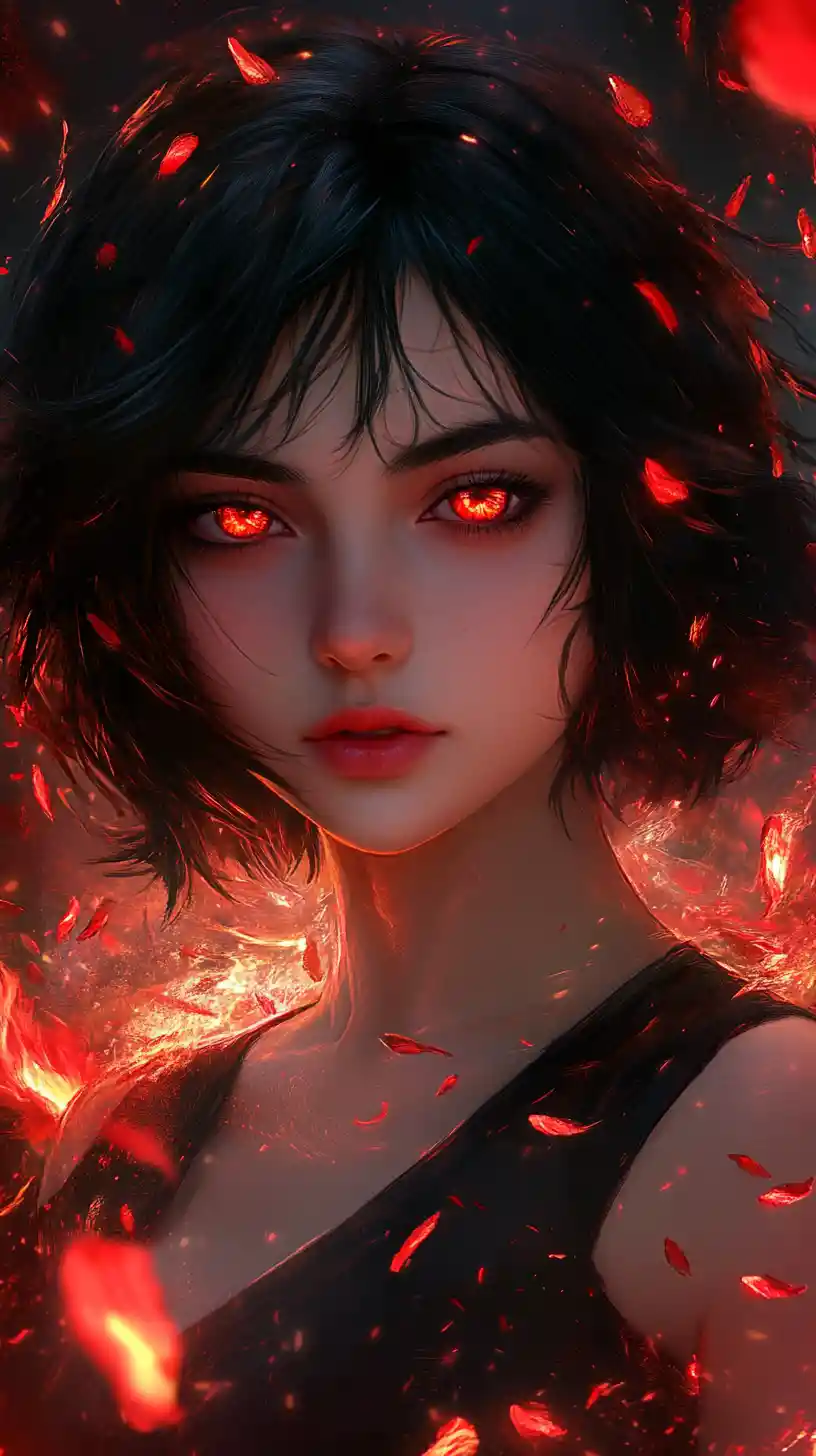 Anime girl with glowing red eyes in dark petals