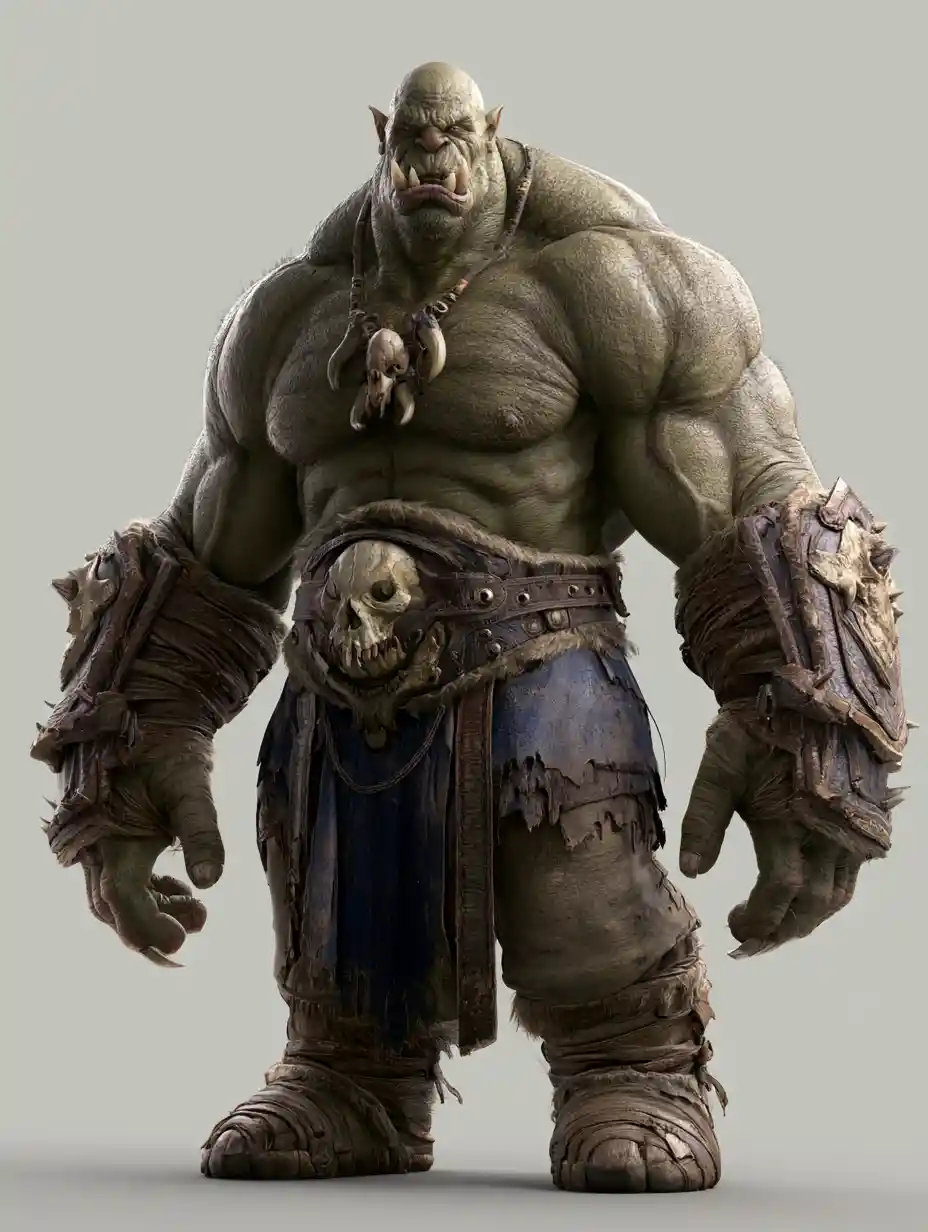 Massively muscled orc warrior in leather with skull adornments