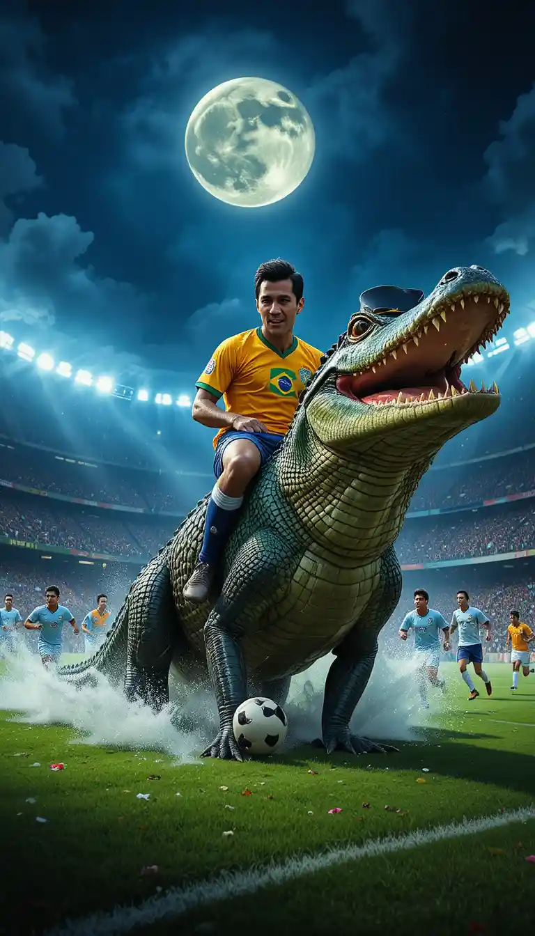 Brazilian football legend riding a crocodile under moonlight