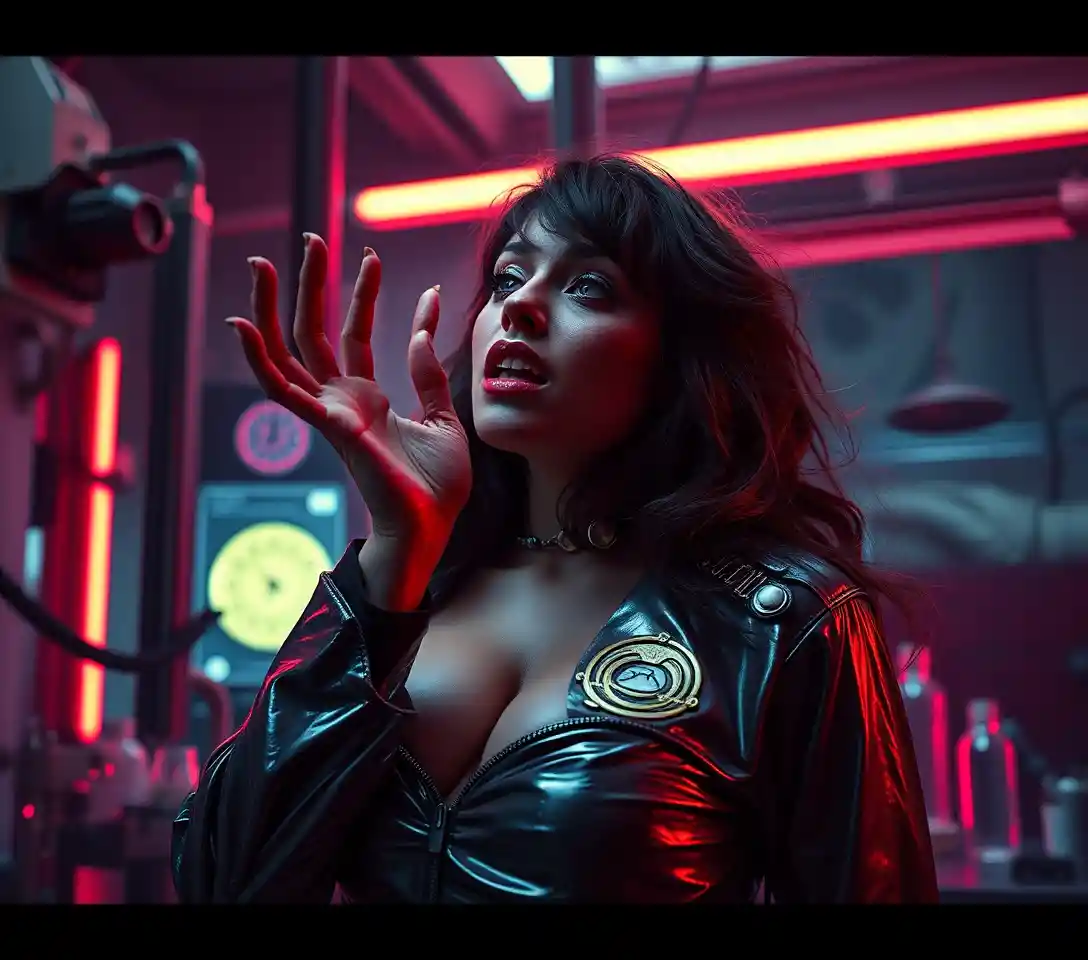 Surreal woman in neon horror laboratory with tense shadows