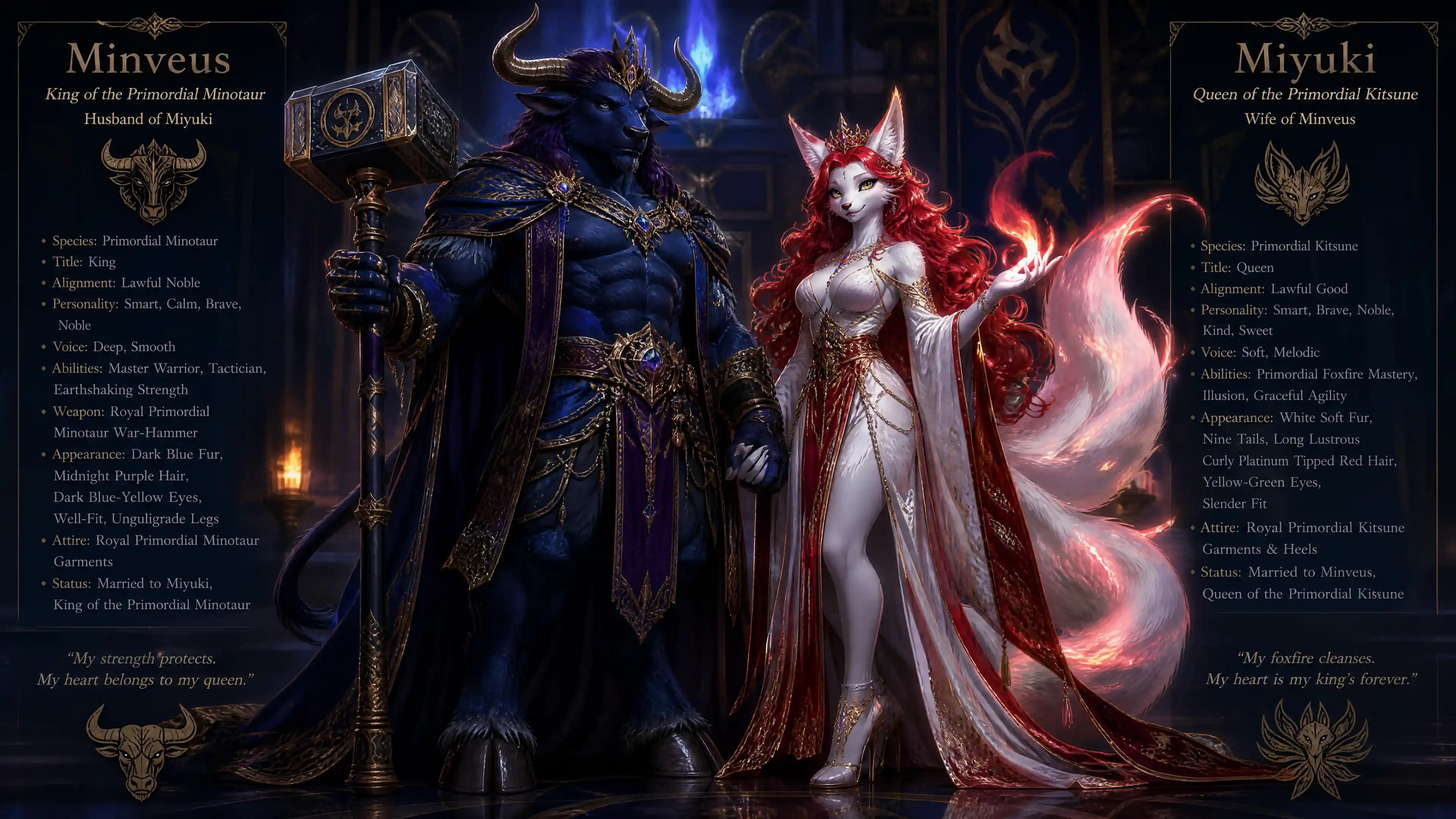 Royal primordial minotaur king standing beside kitsune queen