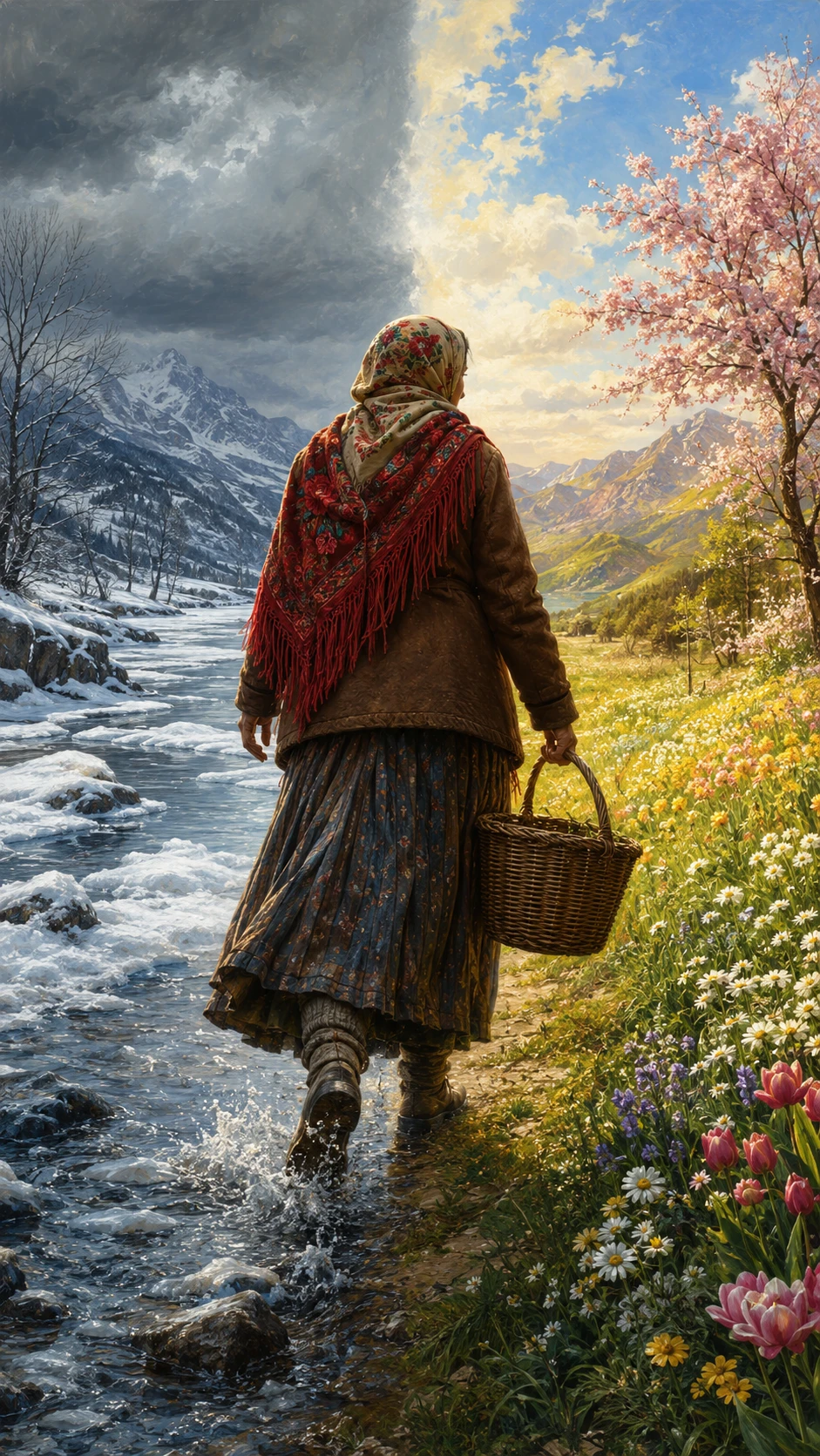 Elderly Woman Crossing From Winter Into Spring Meadow