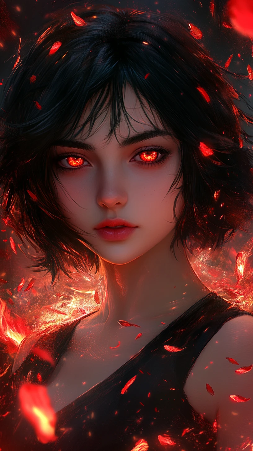 Anime girl with glowing red eyes in dark petals