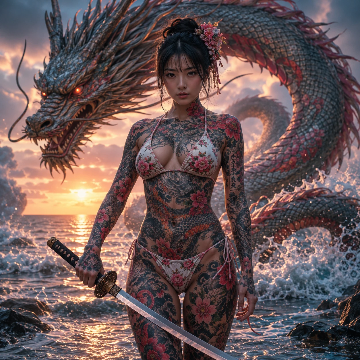 Tattooed Japanese girl with samurai sword and dragon