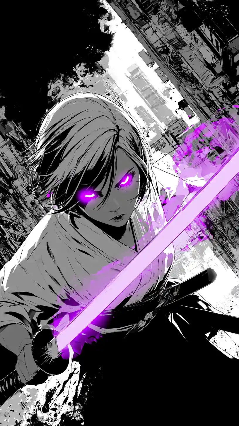 Anime warrior woman with glowing katana in surreal city
