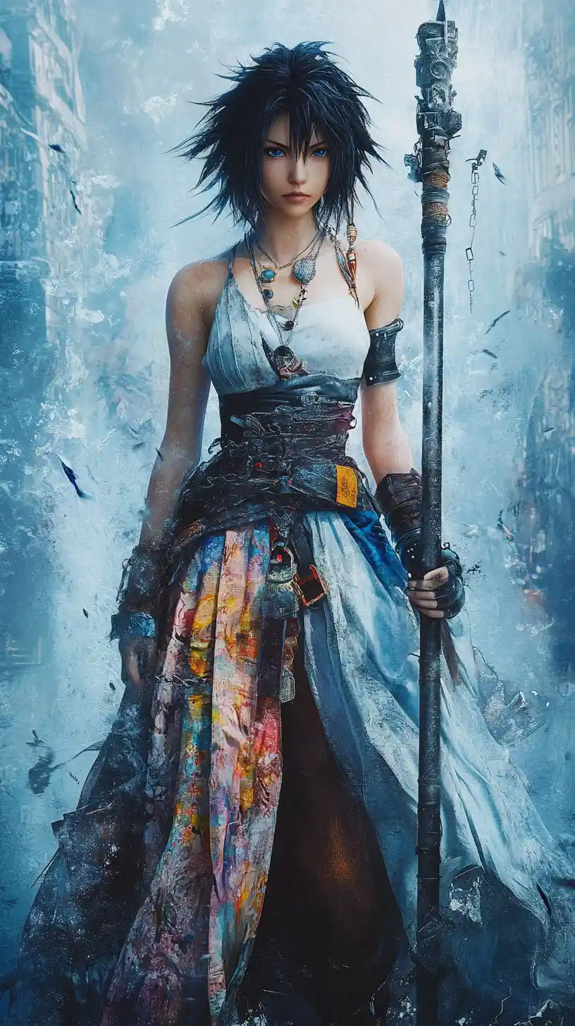 Defiant summoner with staff in a ruined blue city