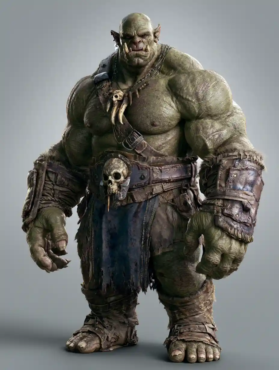 Massively Muscled Orc In Leather Armor With Skull Adornments