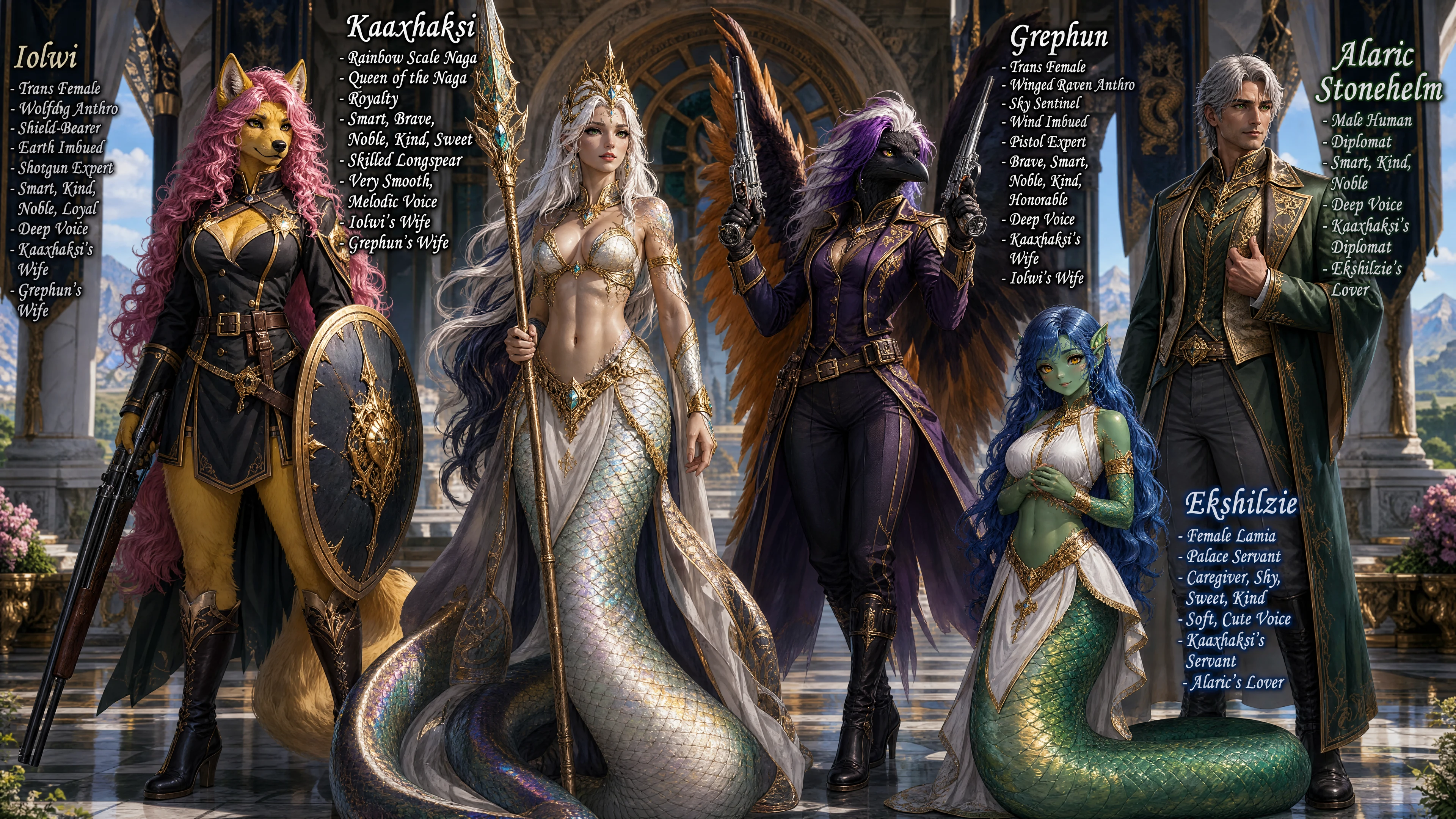 Regal rainbow scaled naga queen with royal spear and armor