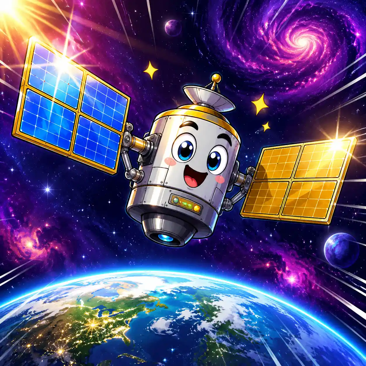 Cheerful cartoon satellite deploying solar panels in space