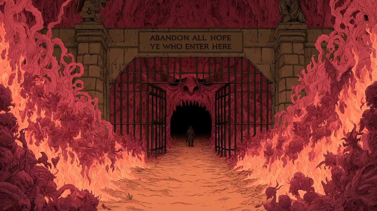 Desolate path leading to fiery demonic gates of hell