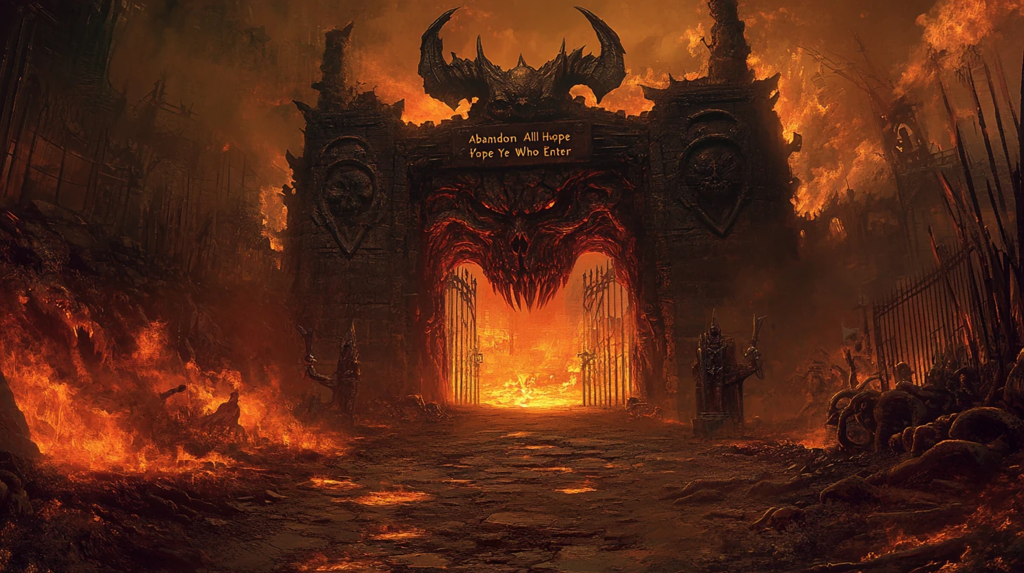 Fiery Gates Of Hell With Demons Lining A Desolate Path