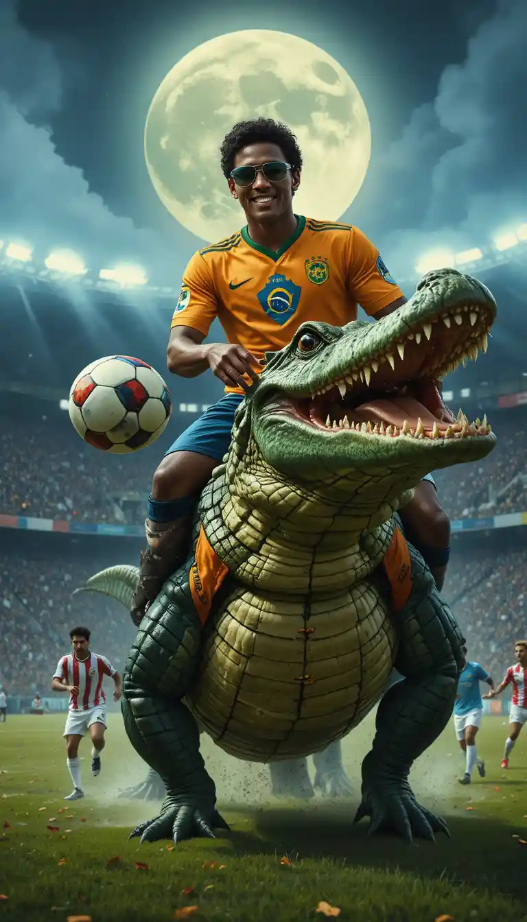 Brazilian footballer riding a giant crocodile under the moon