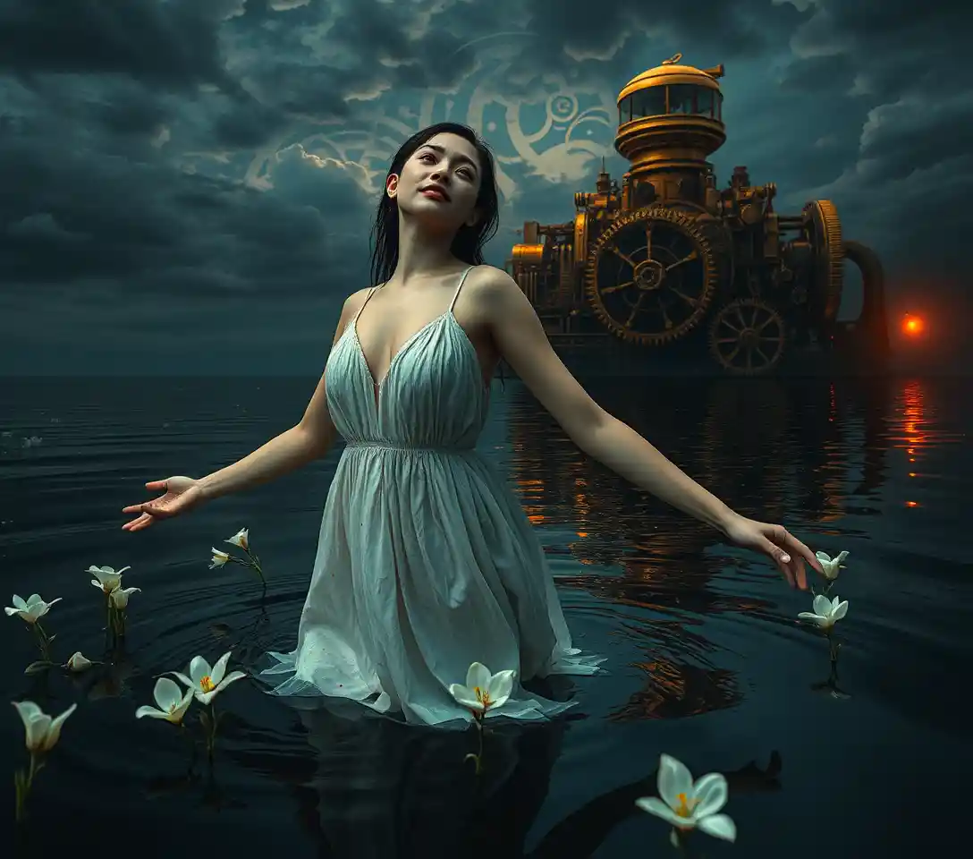 Young woman standing in dark reflective water beneath surreal sky
