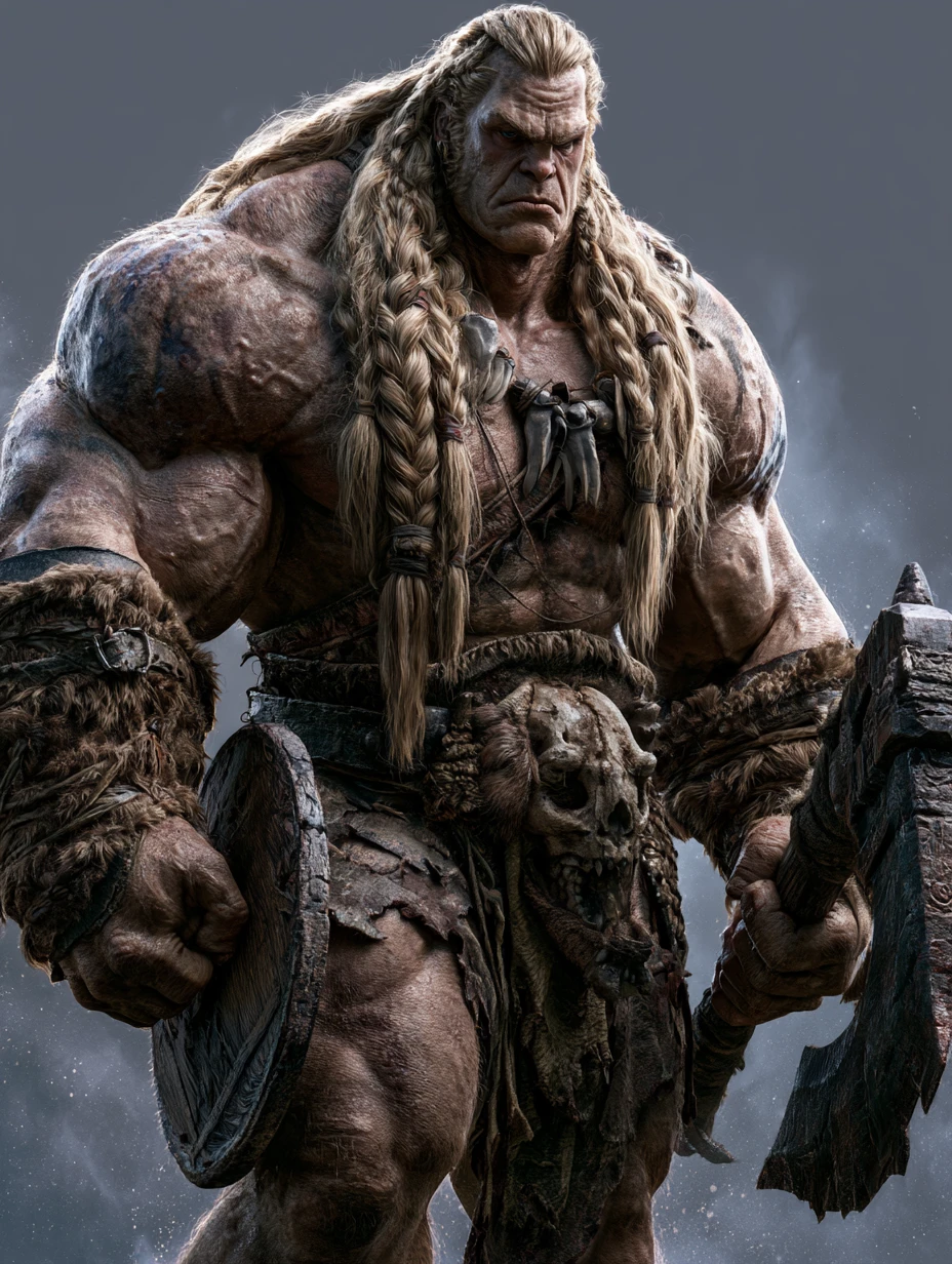 Barbarian warrior with axe and shield in dramatic backlight