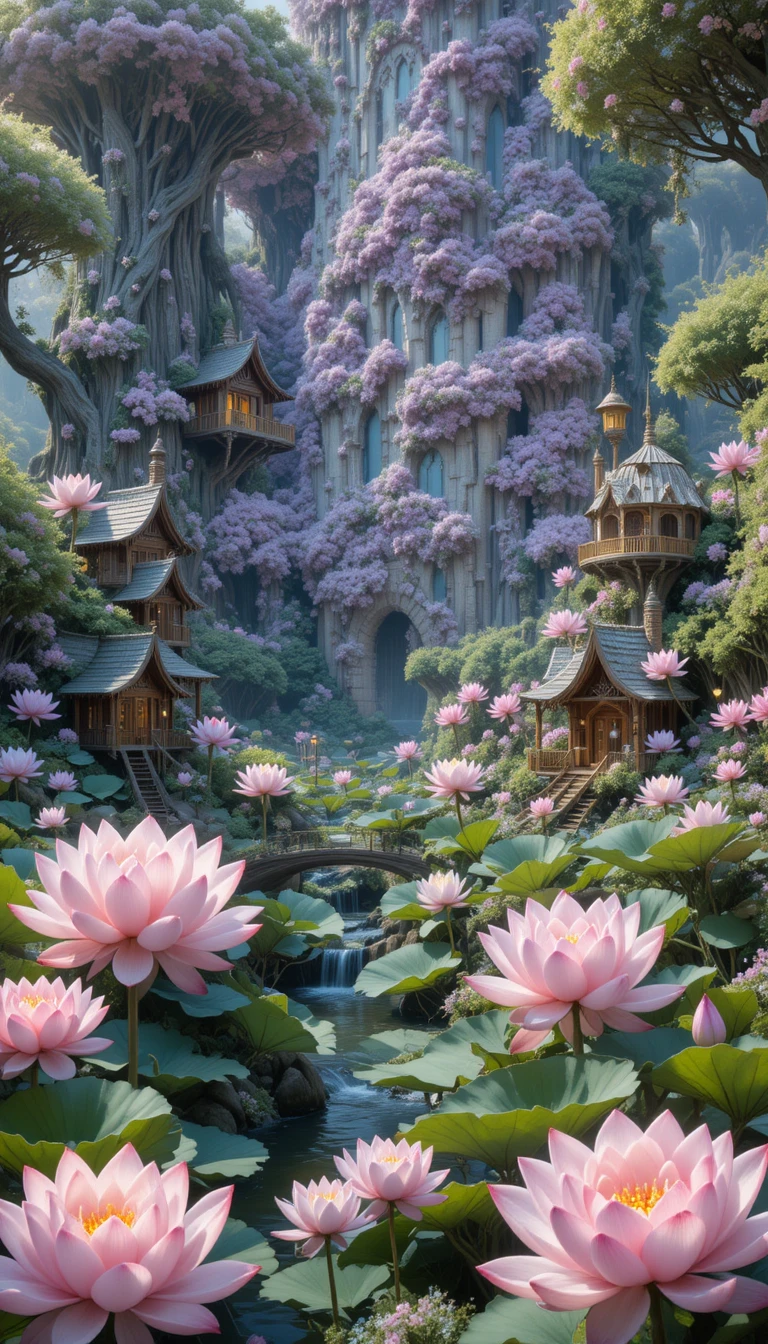 Fantasy lotus village with ponds and towering blossoms