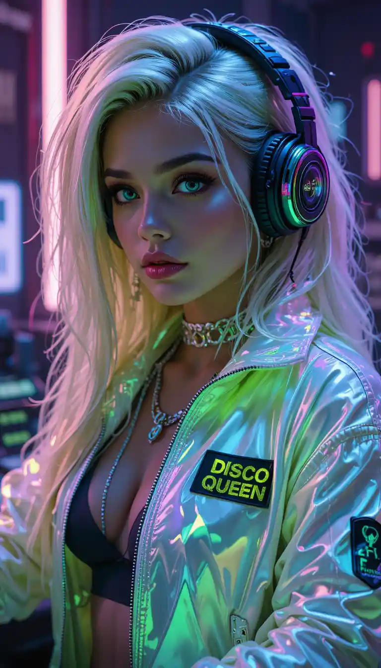Futuristic female DJ in neon cyber pop club scene