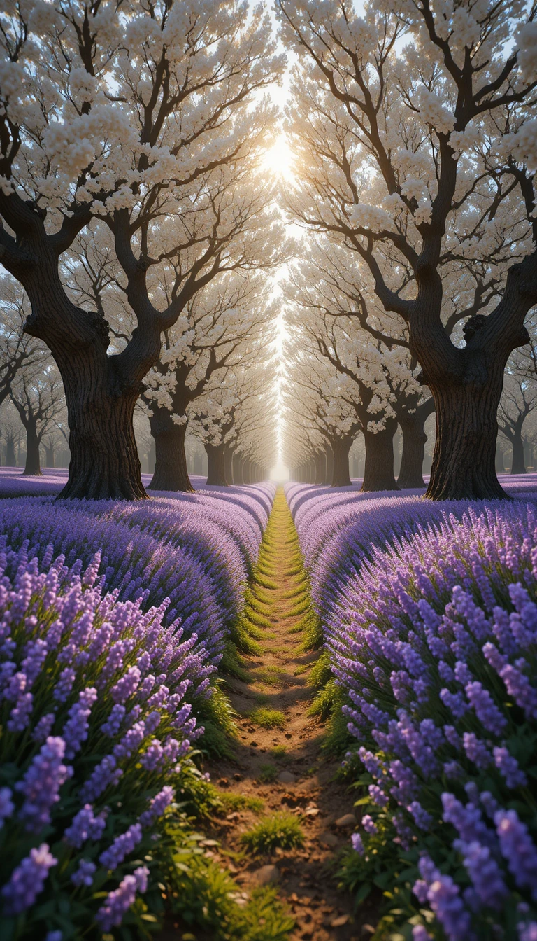 Sunlit flower path through an enchanted spring forest
