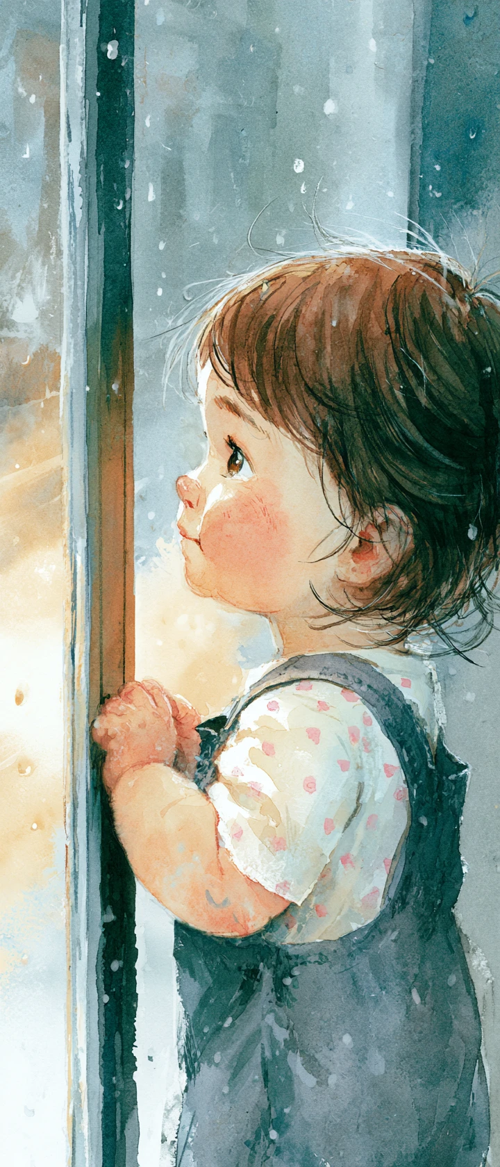 Toddler girl watching rainy street through large window