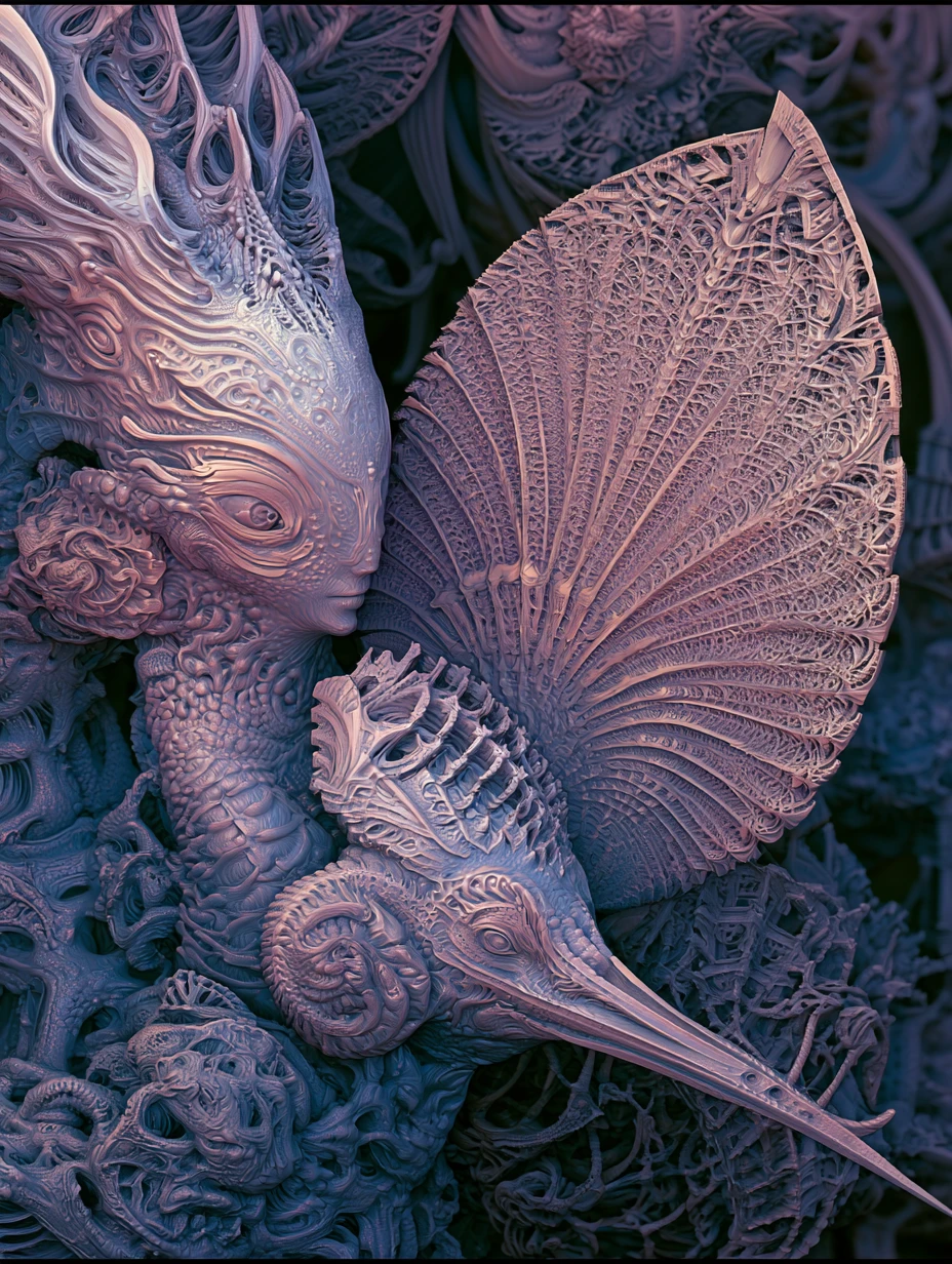 Colossal surreal human forms rising from glowing primeval mire