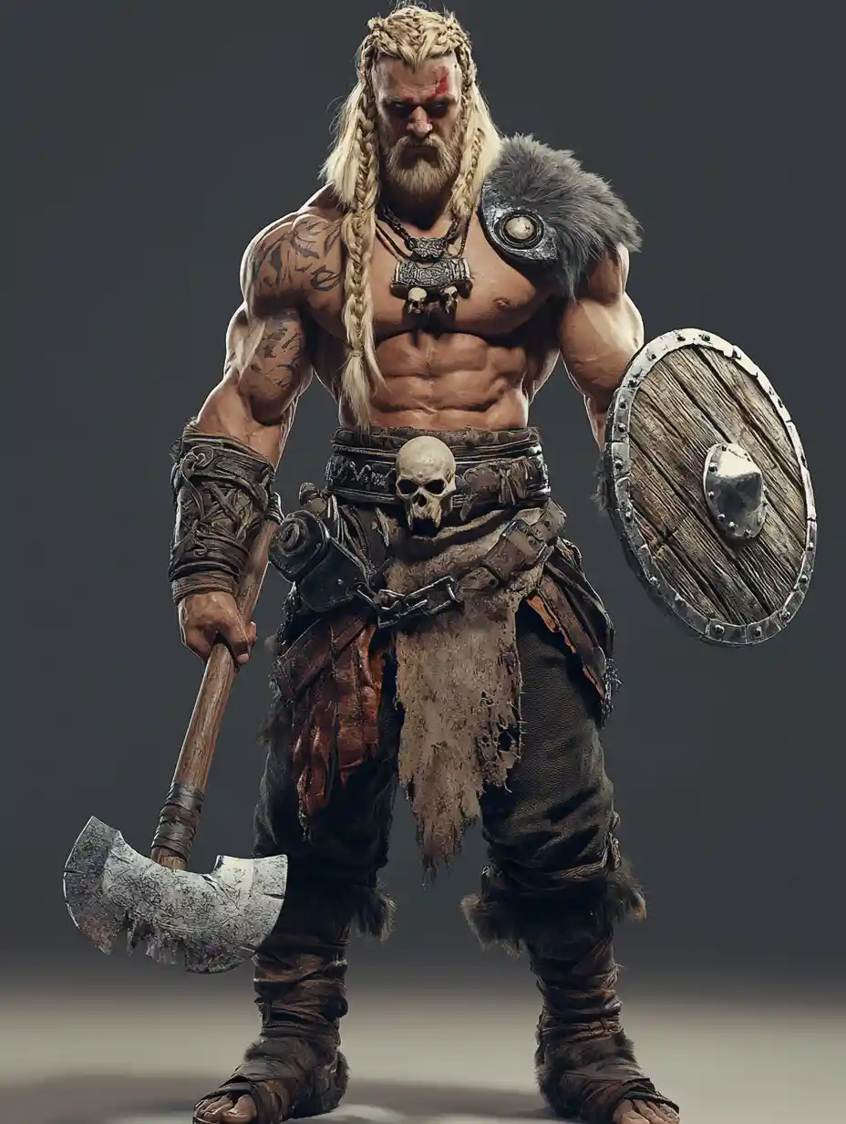 Muscular barbarian warrior with axe in dramatic 3D lighting