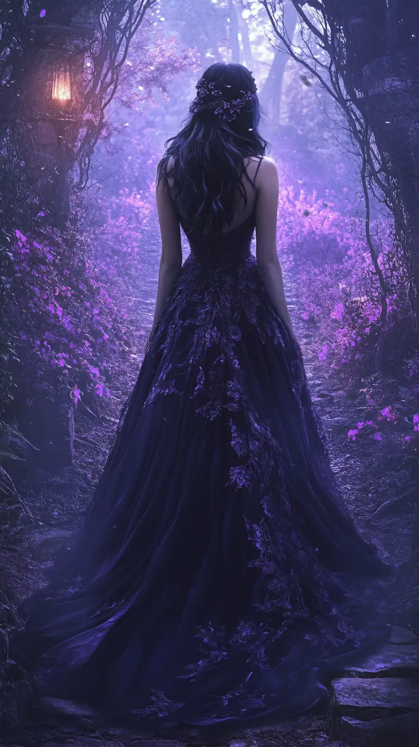 Mystery woman in violet gown before glowing gothic garden path
