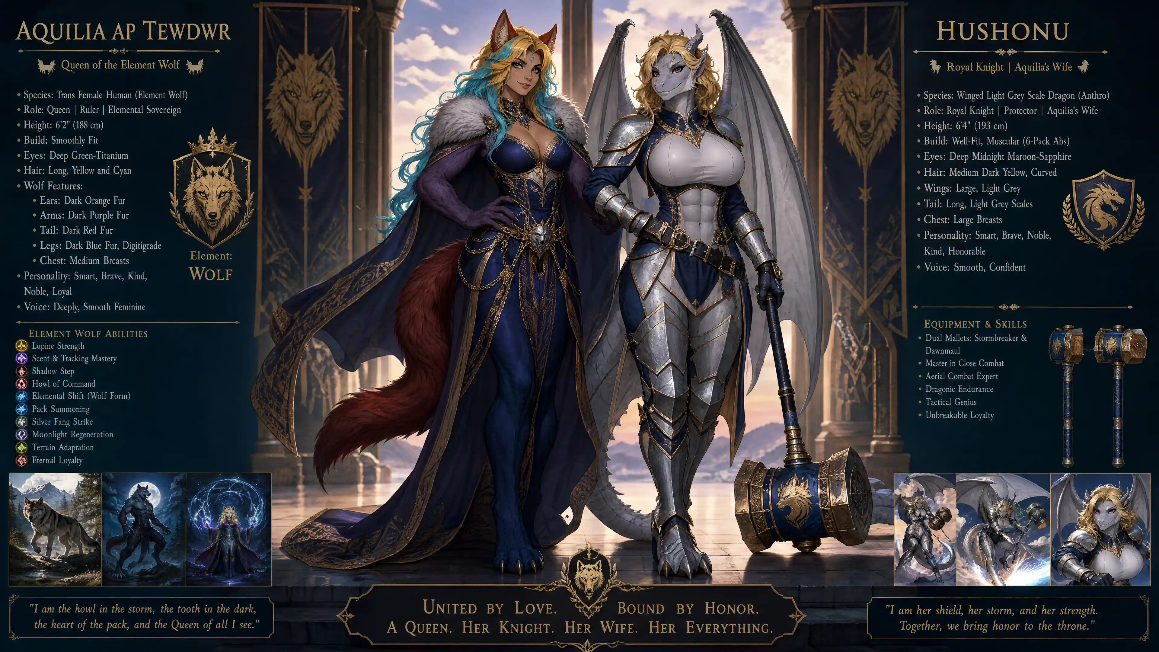 Regal wolf queen with elemental powers and noble presence