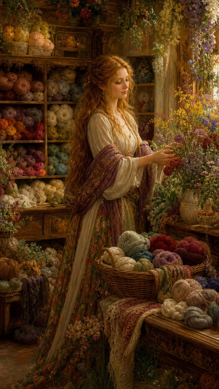 Cozy Yarn Shop With A Smiling Woman Surrounded By Wool