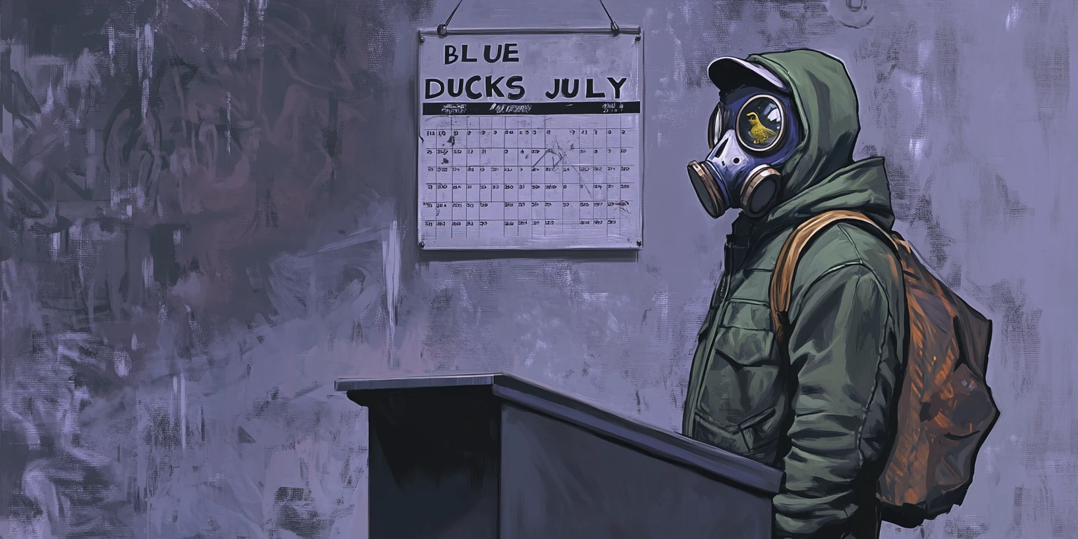 Man in duck gas mask speaking at urban graffiti podium