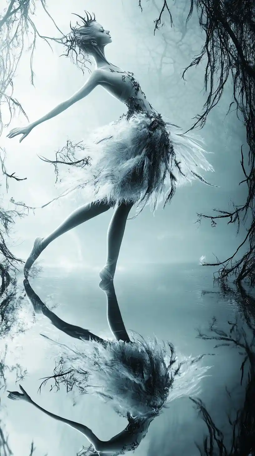 Elegant ballerina figure amid dark feathers and soft mist