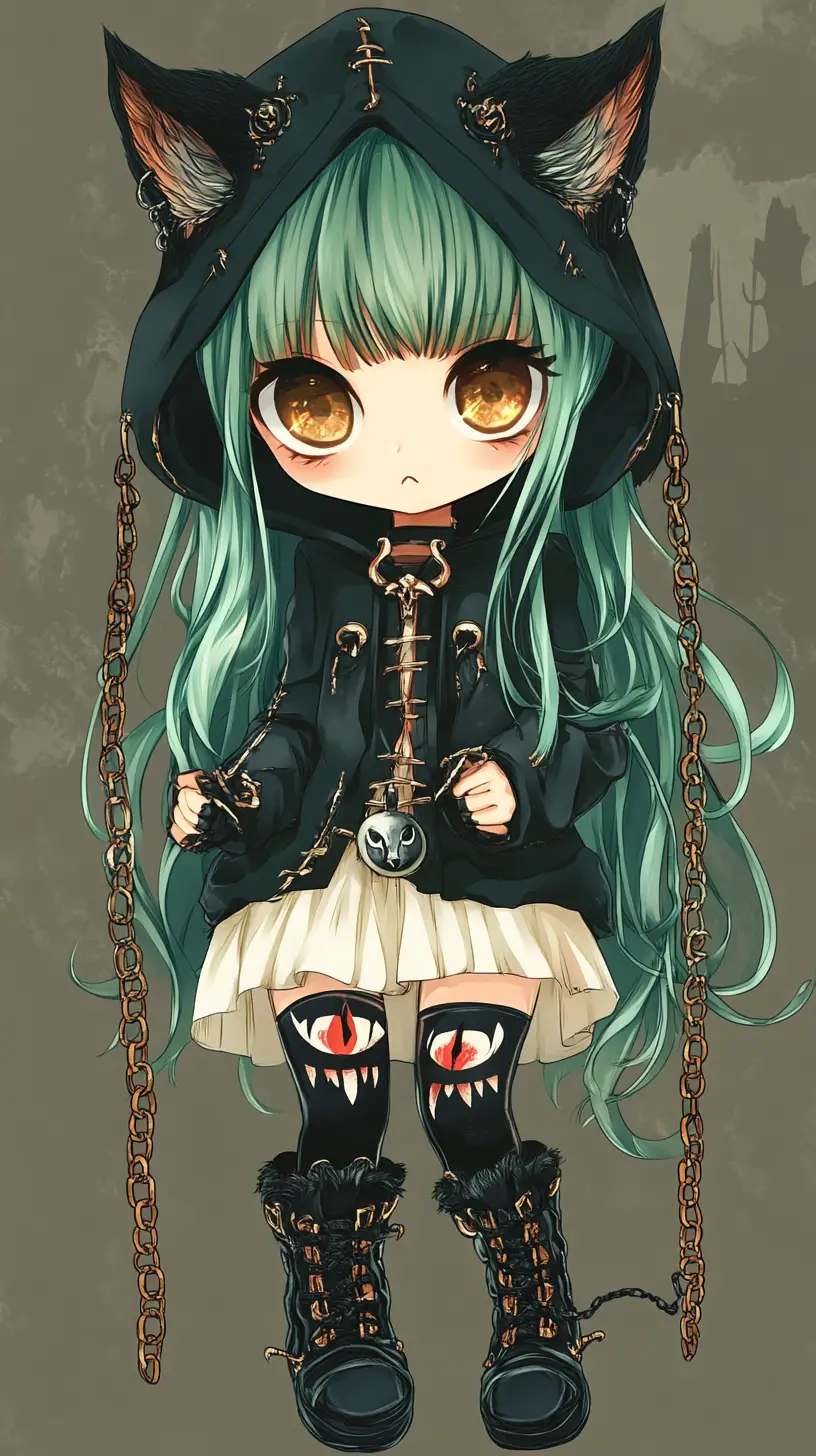 Ragazza anime chibi in verde con ciondolo a zanna
