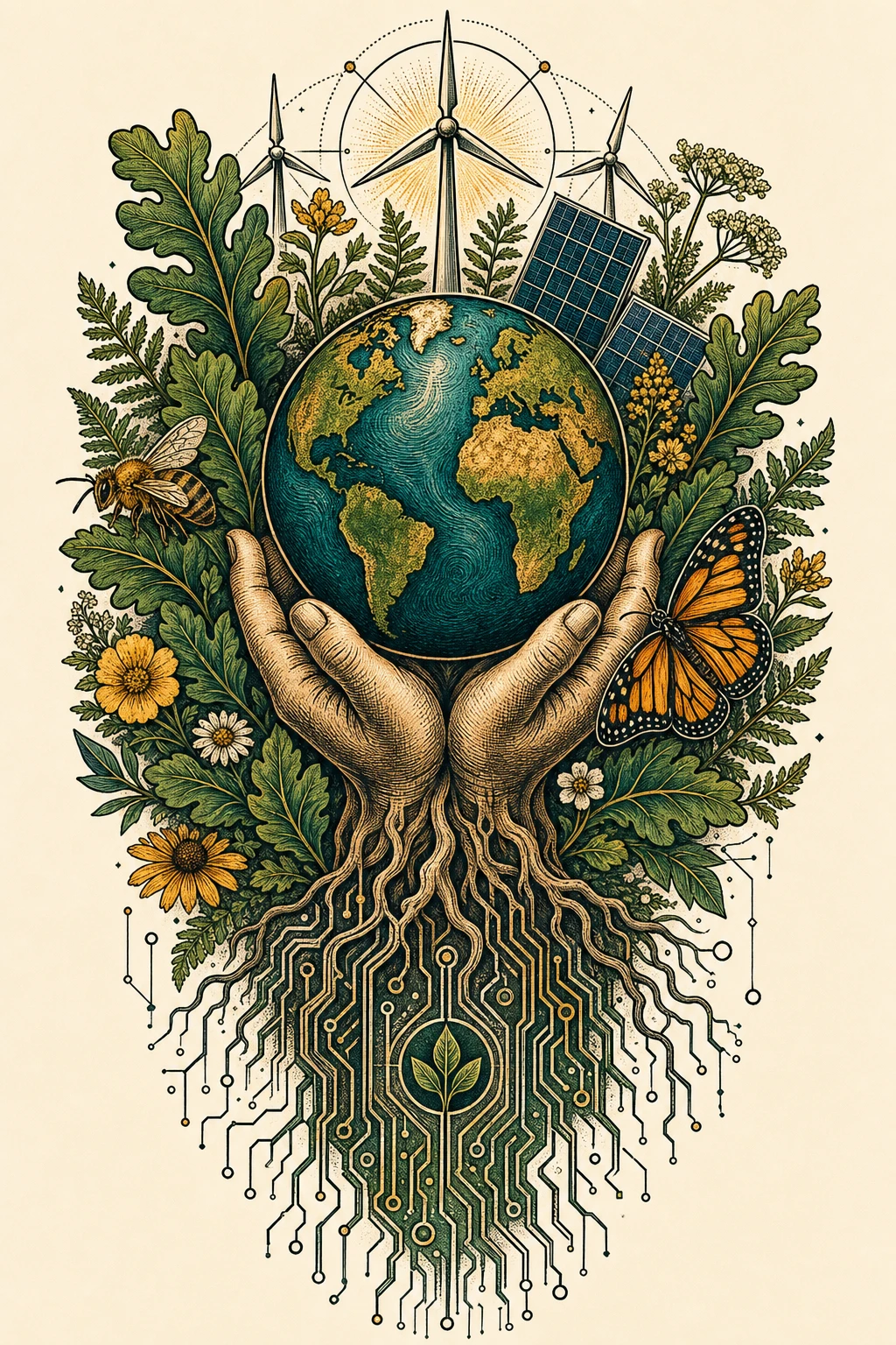 Earth cradled in human hands with roots and foliage