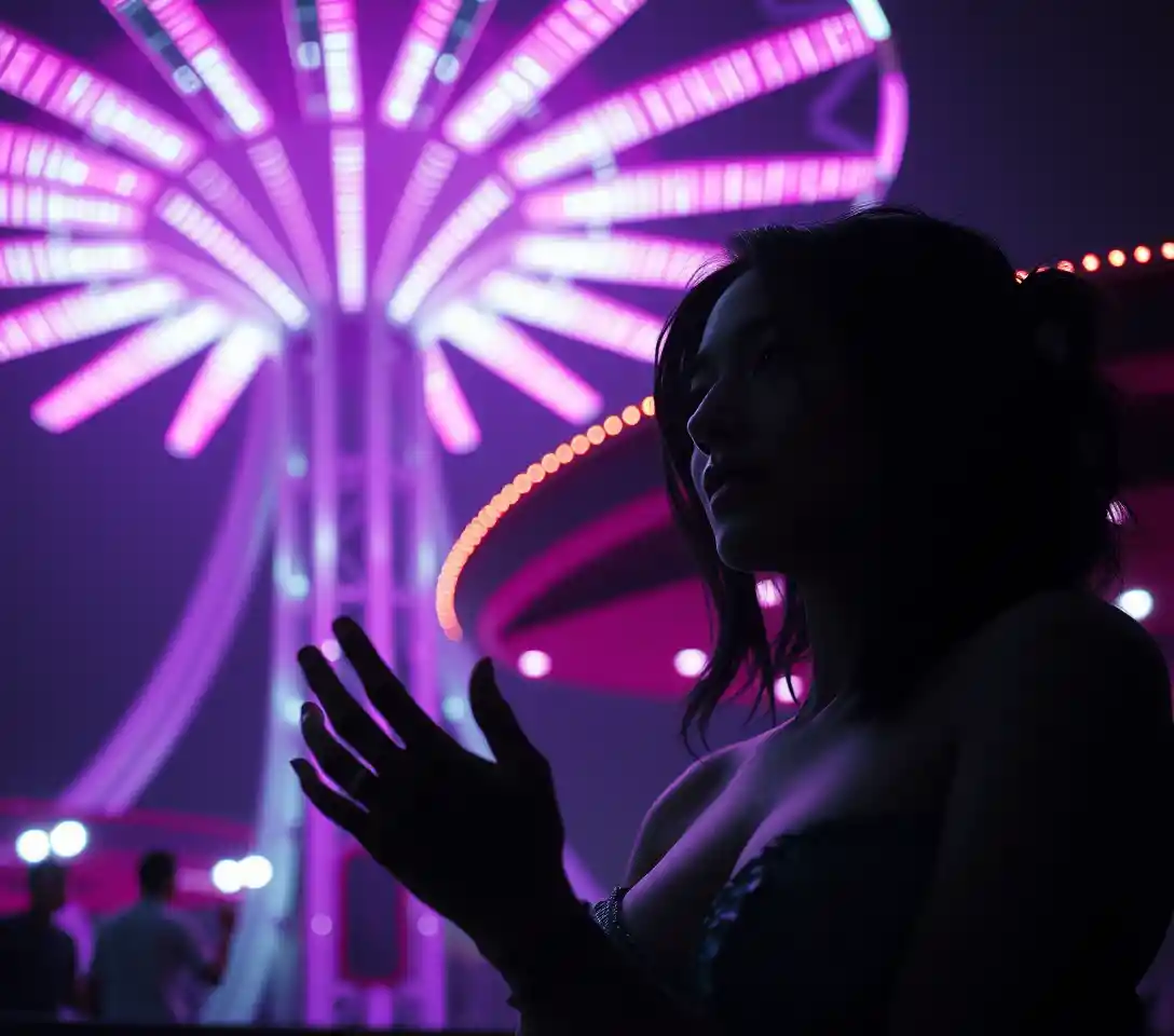 Sensual angelic woman in surreal night entertainment scene