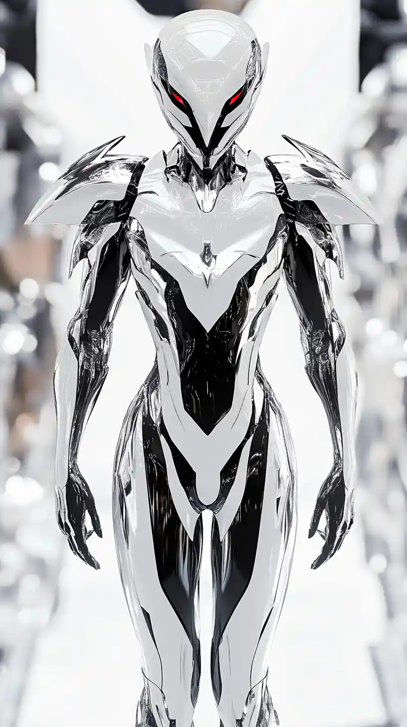 Anime arbiter woman in reflective mirrored fashion outfit