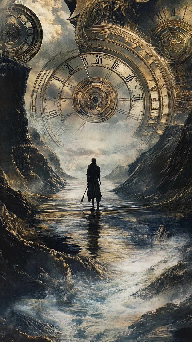 Mystic ferryman on a looping river of antique clock rings