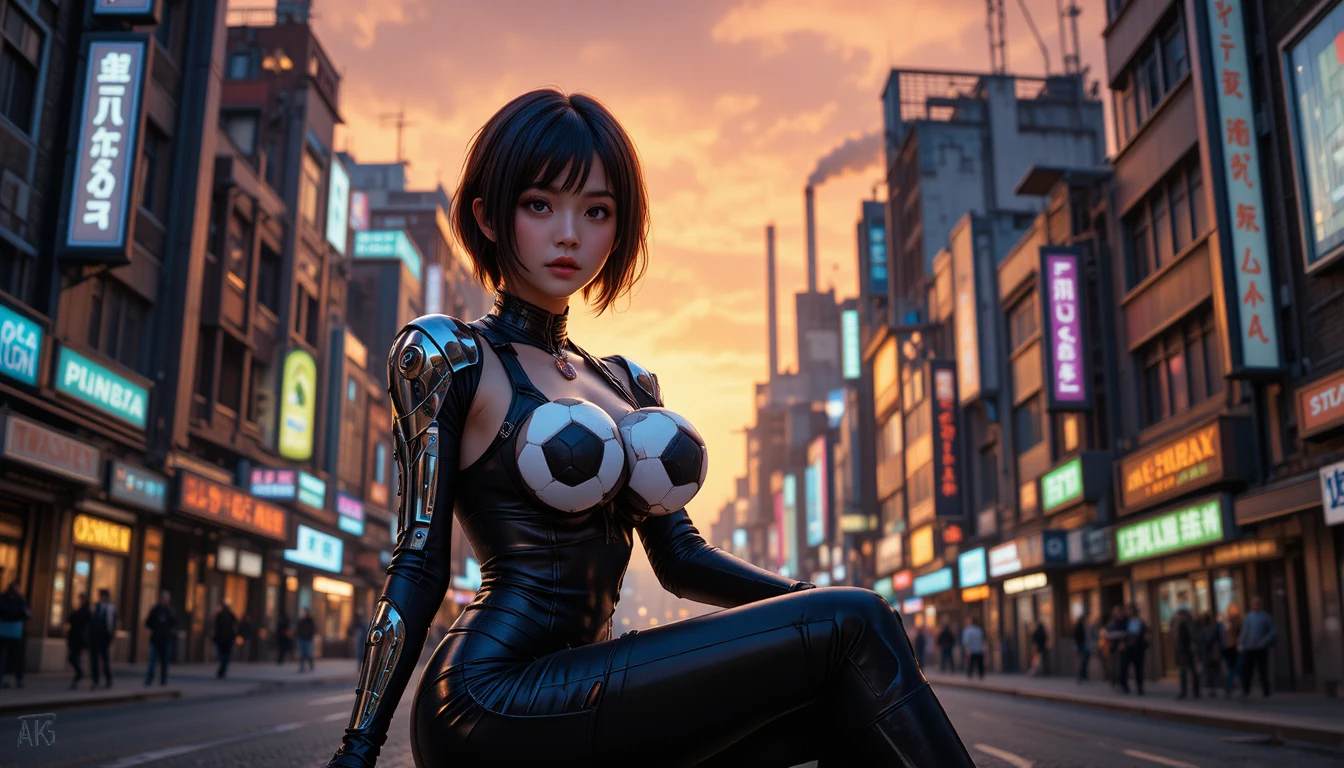 Cyberpunk woman at sunset in a futuristic neon city