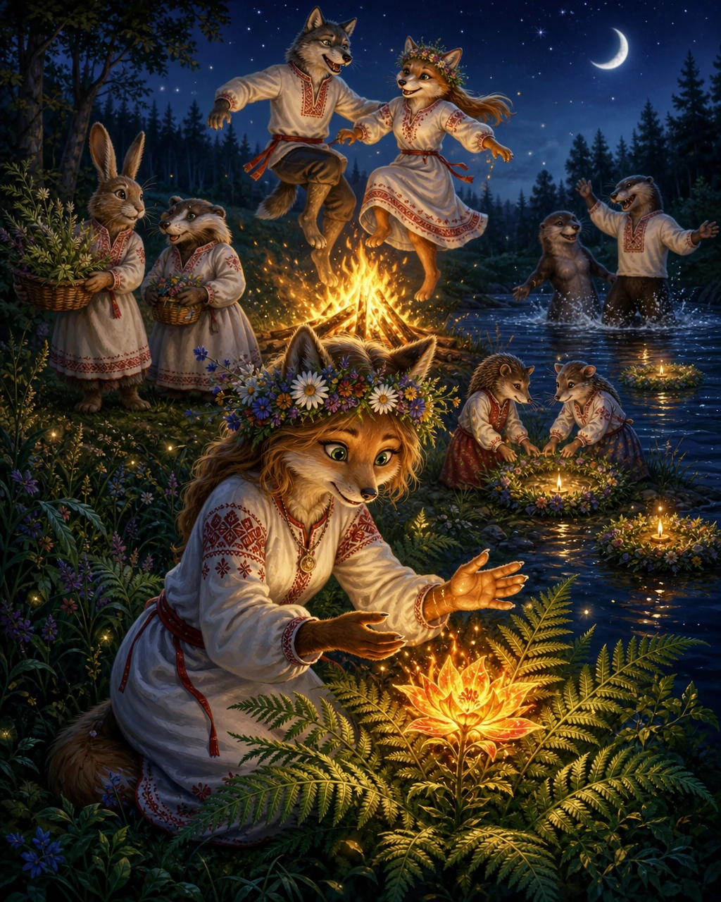 Anthropomorphic animal girl before a magical fern flower