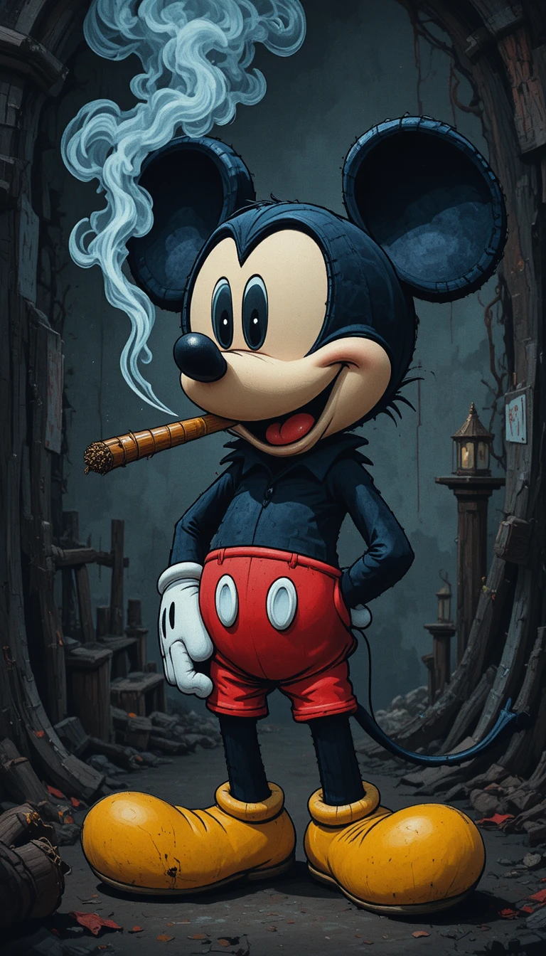 Cartoon mouse smoking a cigar on a dark horror background