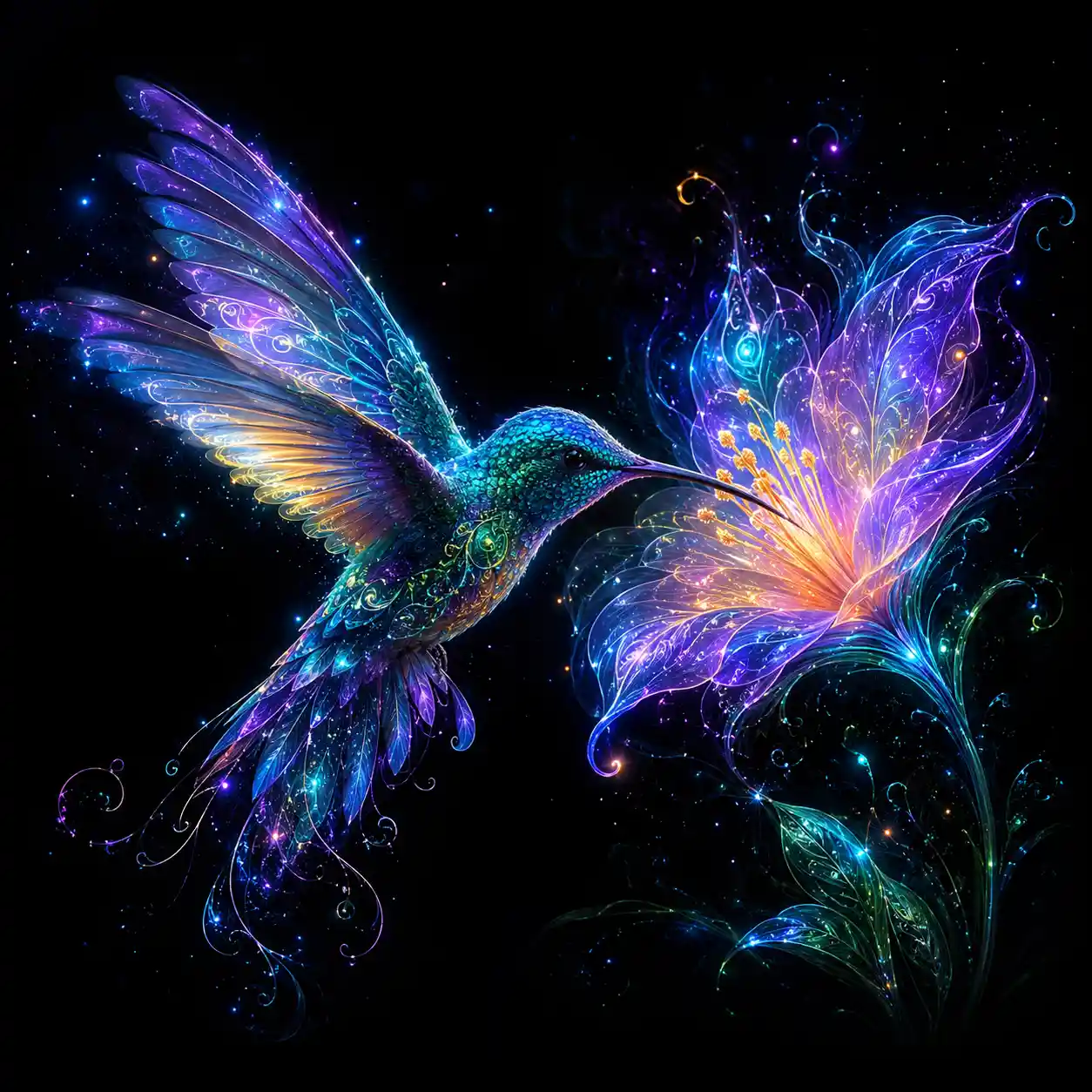 Magical bioluminescent hummingbird with glowing flower on black