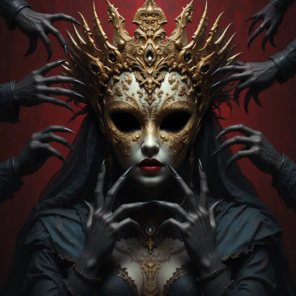 Masked fantasy queen with clawed hands on burgundy backdrop
