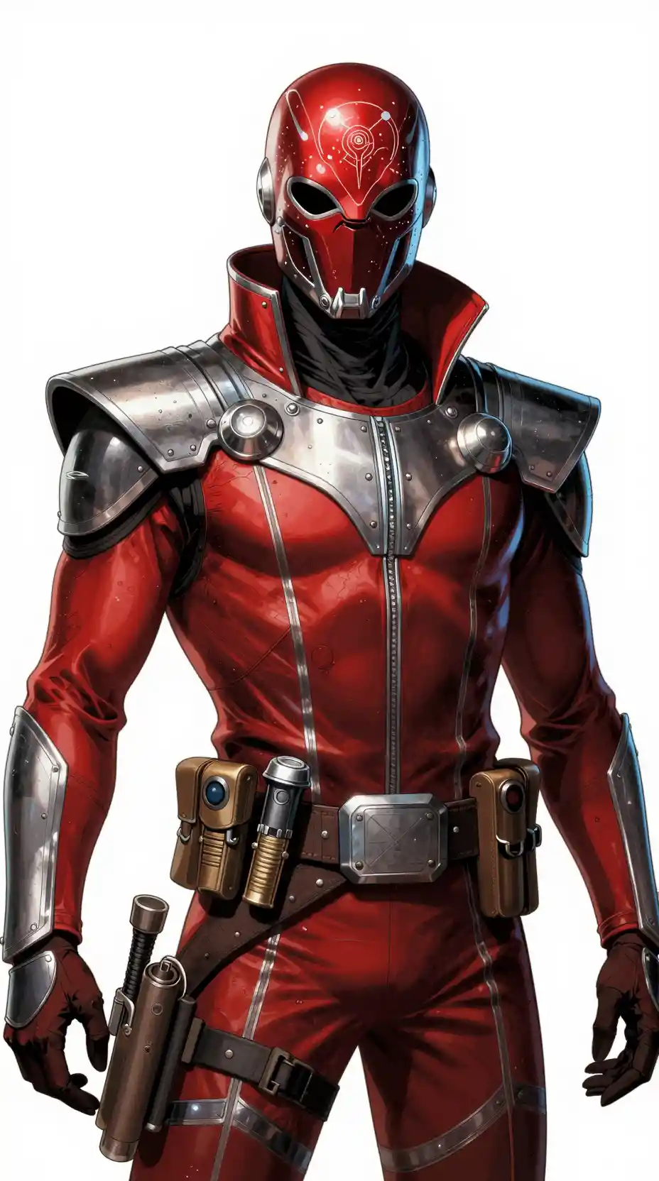 Masked space warlord in red armor on white background