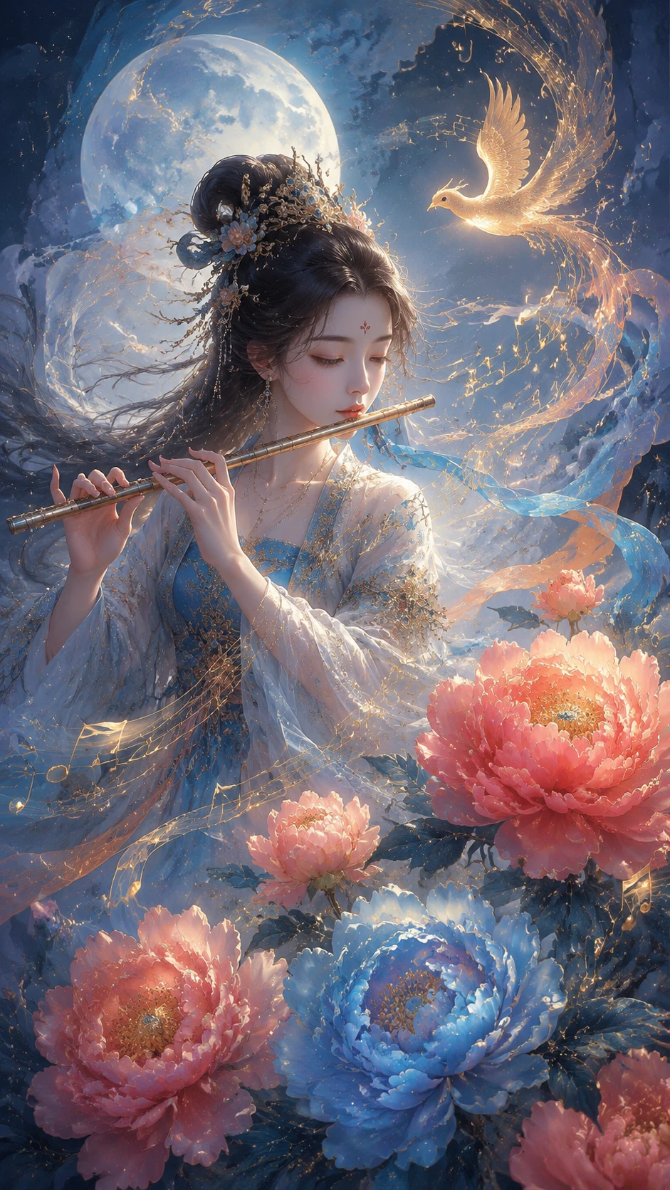 Ilustración de fantasía mística azul sobre peonías coloridas