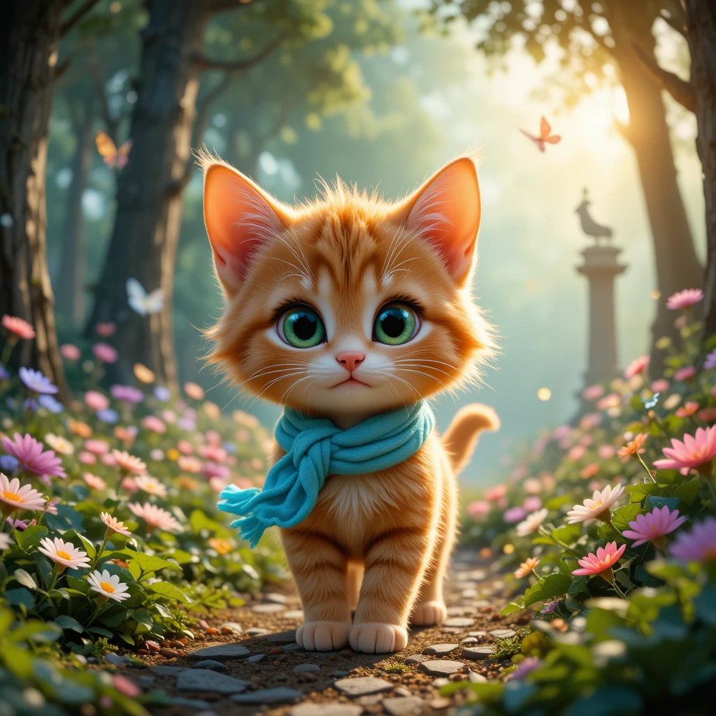 Brave orange kitten exploring a glowing magical forest