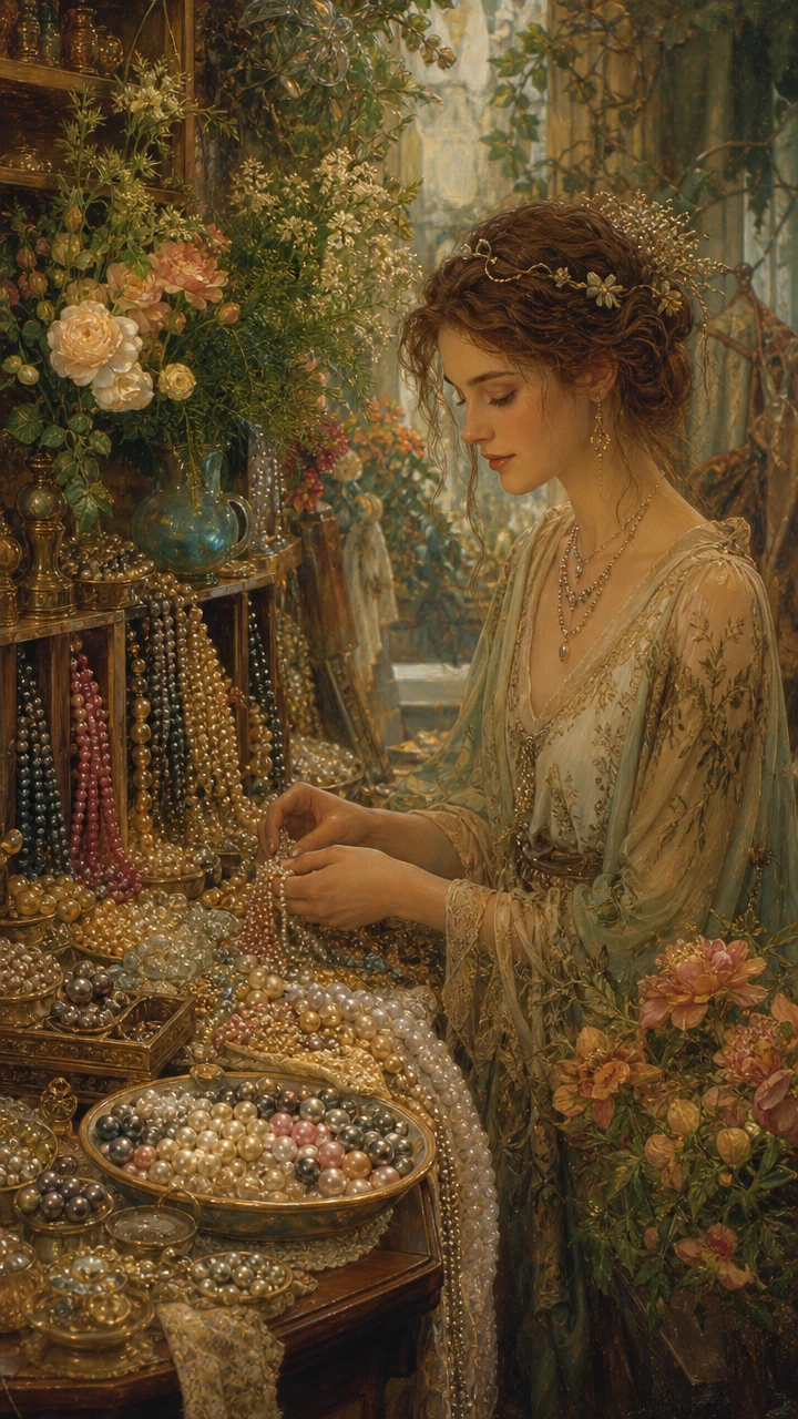 Elegant bead shop interior with a graceful woman vendor