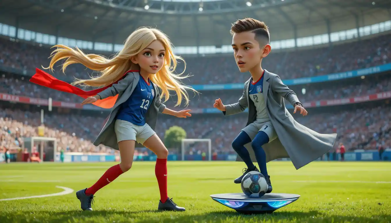 Soccer star and anime woman sharing a surreal stadium moment