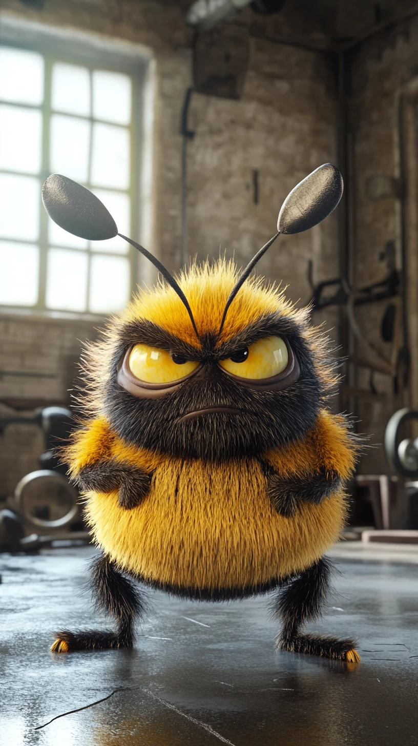 Cartoon bee with angry face in an old gym setting