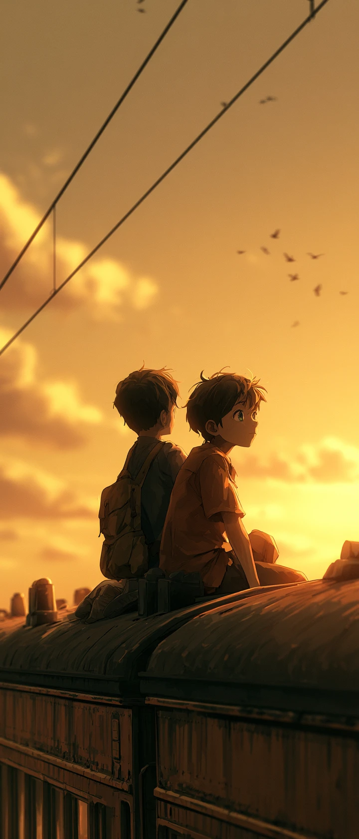 Dois garotos de anime em um trem em movimento ao pôr do sol