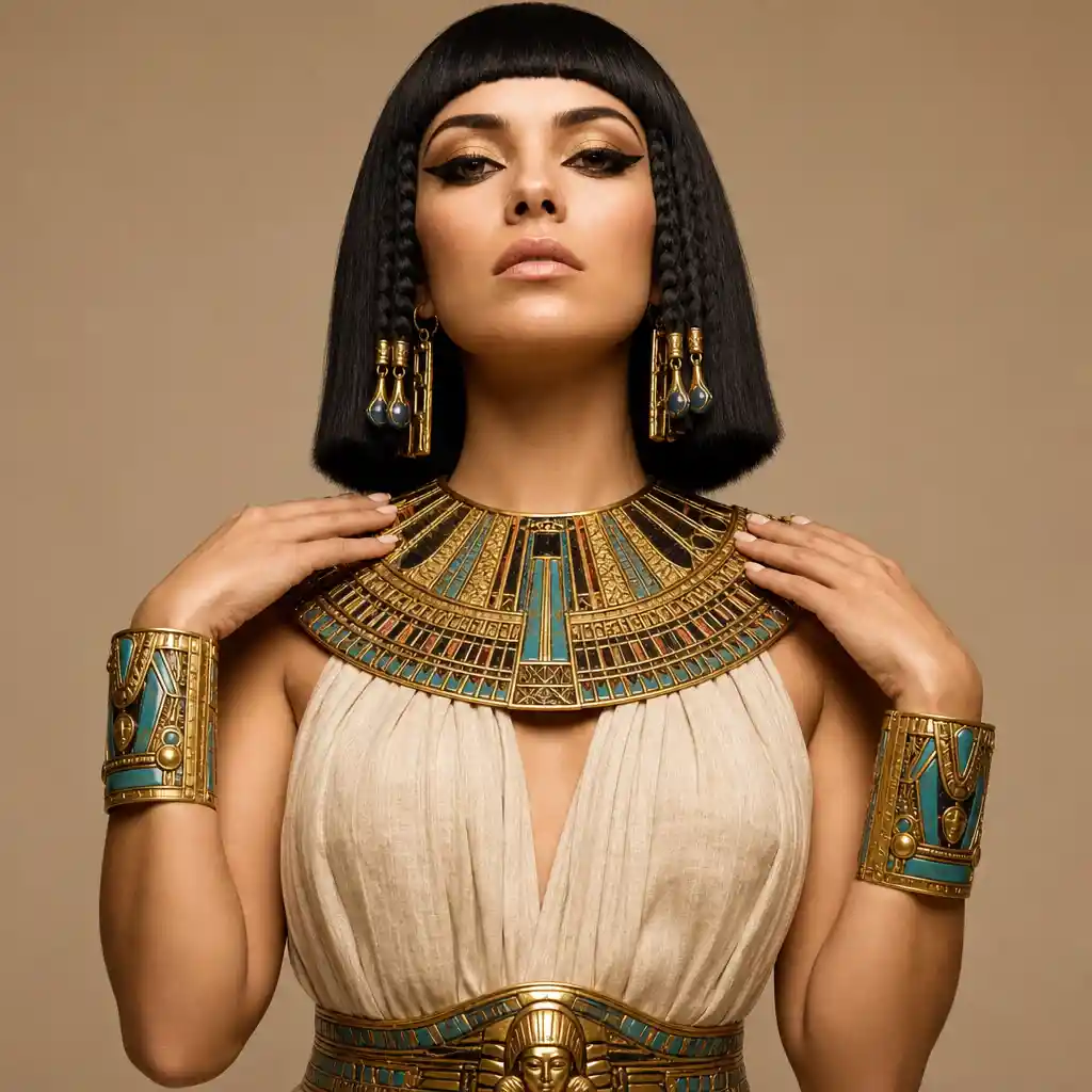 Elegant Cleopatra inspired fashion portrait with gold jewelry